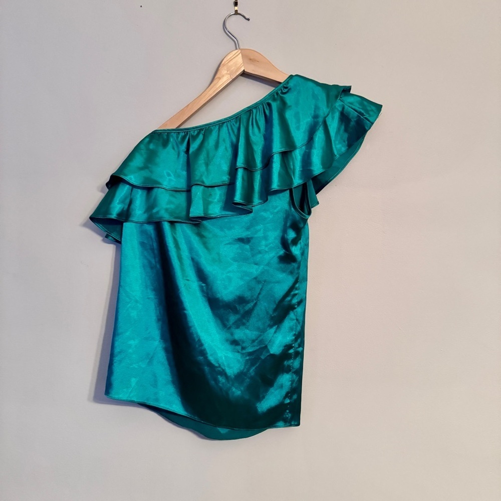 ASOS Green Satin One Shoulder Ruffle Blouse Top - Picture 6 of 7